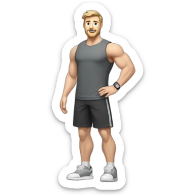 Full height Pale skinned muscular man With Realistic eyes and mouth, light brown hair and stubble In dark gray sleeveless mike, black oversize sports shorts, watch and white sneakers. sticker