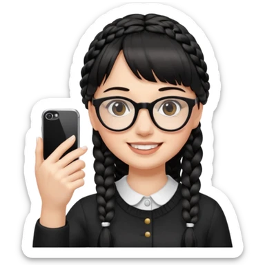 She's wearing black braided, full bangs and glasses and taking a mirror selfie with a white iPhone sticker