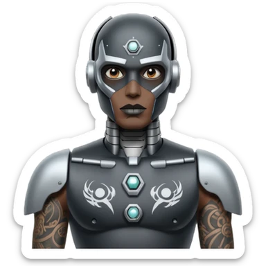 black metal Tatooed robot with rada, big many tatooes on chest, neck and face, white tatoo on face sticker