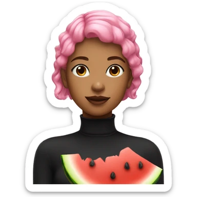 a girl with pink hair wearing a black turtle neck eating watermelon sticker