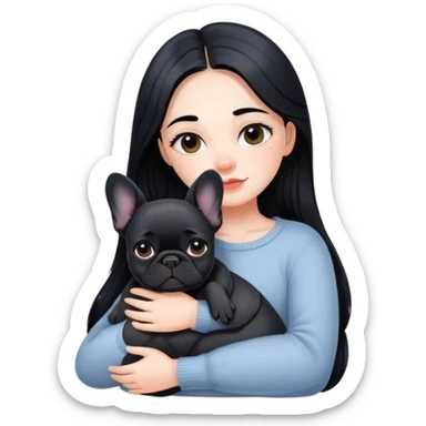 A beautiful girl with long black hair hugs a black French bulldog sticker