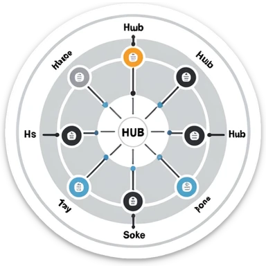 simple diagram of a central circle labeled 'Hub' connected by lines to smaller circles labeled 'Spoke', explanatory diagram style representing Hub & Spoke model in logistics sticker