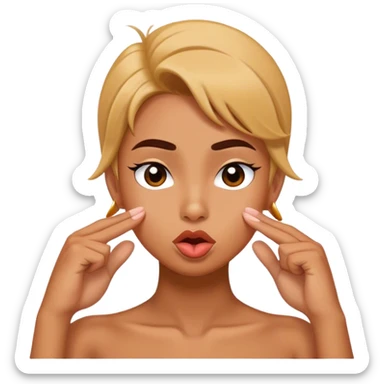 pushing hair behind one ear and making duck lips sticker