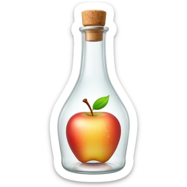 slender curved glass bottle with long neck, clear or frosted glass, colorless liquid inside, simple cork or screw cap, no label or fruit, just the bottle, apple emoji style, soft lighting, transparent background, emoji scale sticker