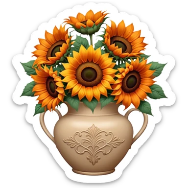 bouquet of bright orange sunflowers in a beige aesthetic vase in vintage style with beautiful ornaments of brown color sticker