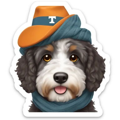 Bernedoodle with University of tennessee hat and scarf sticker