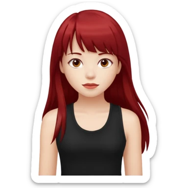 a pretty bratz fair girl with long dark red straight hair with bangs, wearing a black tank top sticker