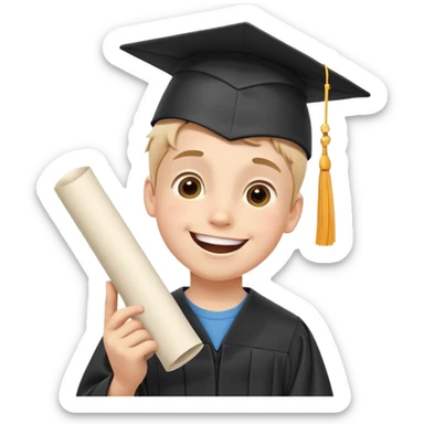 A happy boy wearing a graduation cap, holding a rolled-up diploma in his right hand, smiling with excitement. The scene is bright and celebratory, with a soft background that enhances the joyful moment. sticker