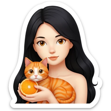 beautiful girl with long flowing black hair holding an orange ginger cat sticker