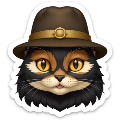 mostly black cat with some brown on face, gold eyes, british hat sticker
