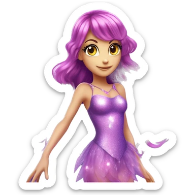 Tecna adult fairy of technology her enchantix fairy purple sparkling two-piece clothing and fairy enchantix wings and long dark pink hair in from winx club. Lots of sparkles and fairydust. Full body pic and full fairy bliss sticker