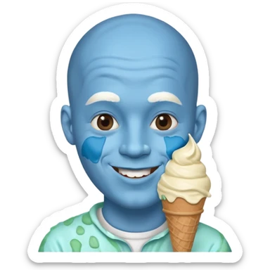 Smiling Bald man with blue with mint ice cream cone all over his face sticker