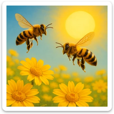Two bees flying over yellow flowers with a sun in the background, vibrant yellow flowers and bright sun, black and yellow bees, variation 3 sticker