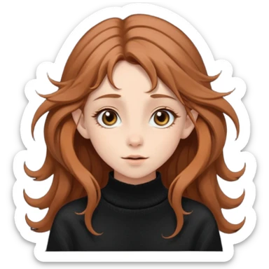 A delicate, elf-like girl with windswept chestnut hair, wearing an oversized sweater in signature black and  sticker
