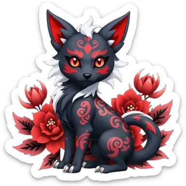 Asian-painted tattooed oriental Floral gothic edgy emo cool and ruby-jewelry-adorned Absol-Litten-Zorua-Houndour-fusion-Fakemon-animal-creature  sticker