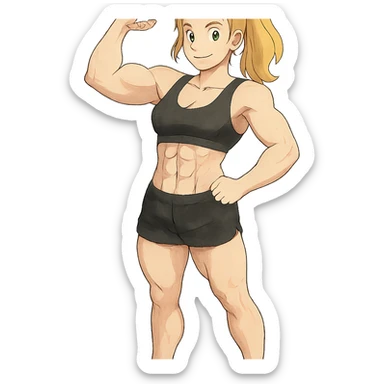 full body pose of a muscular white girl with blonde hair and green eyes, flexing 6 pack abs and one arm bicep sticker