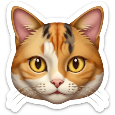 full body anxious looking colourful light calico tabby cat with hazel eyes  and half of face in brown tabby sticker