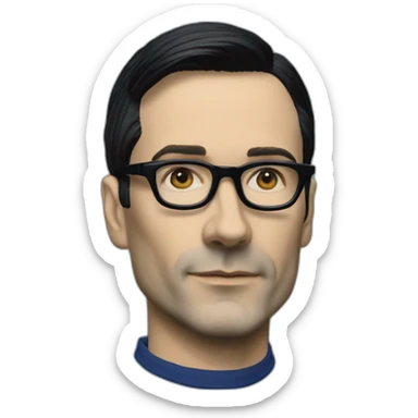 photo realistic Ralf Hutter from Kraftwerk, short straight black hair, black glasses, Dark Blue T-shirt, lean, left view sticker