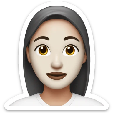 white woman with dark hear wearing a skincare facemask (sheet mask) that's almost white with a pink undertone sticker