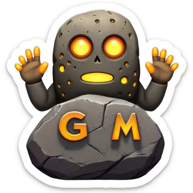 "Rock creature with glowing dots and 'GM' behind, featuring a rugged gray and brown stone body, orange-brown arms, and seven yellow glowing eyes arranged as three on the left, one in the middle, and three on the right, with large bold 'GM' letters in the background." sticker