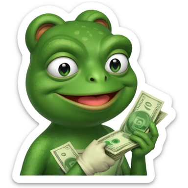 Pepe the frog sniffing a wad of money in his hand and smiling sticker