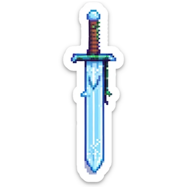Pixel art sword with snow dragon theme, frosty effects, blue and white color palette, retro game style sticker