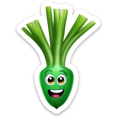 3D Cheerful green onion with big expressive eyes, a wide smile, and a few green stalks on top. Designed in a cute, cartoonish style with vibrant colors. sticker