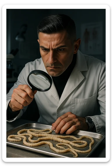 A middle-aged male kinesiologist wearing a pristine white lab coat, intensely analyzing long, beige tapeworms (like Taenia) under a magnifying glass. His expression is focused and slightly concerned, with dramatic studio lighting casting sharp shadows. The parasites are highly detailed, moist, and textured, stretched across a sterile metal tray. The background is blurred but suggests a clinical environment—hints of a microscope, medical charts, and clean lab equipment. The style is hyper-realistic, with a cinematic contrast between the bright white coat and the grotesque, organic forms of the parasites. No sci-fi elements, just raw medical realism with a disturbing edge sticker