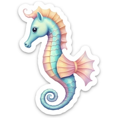 Cinematic Noble Sea Horse Portrait Emoji, Poised and enchanting, with a delicate, slender body in soft pastel hues, a gracefully curled tail and large, expressive eyes radiating gentle wonder, Simplified yet charmingly cute features, highly detailed, glowing with a soft, magical aquatic luminescence, high shine, intelligent and endearing, stylized with an air of whimsical marine grace, focused and poised, soft glowing outline, capturing the essence of a watchful and confident seahorse that appears ready to drift out of the screen with delightful charm! sticker