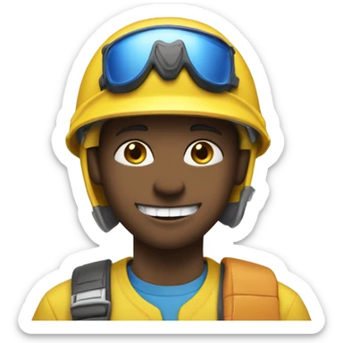 Boy with buck teeth, a blue helmet, blue eyes, a pencil in his nose, and a yellow shirt that say Jeffy sticker