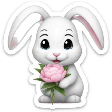 cute white bunny holding light pink peonies sticker