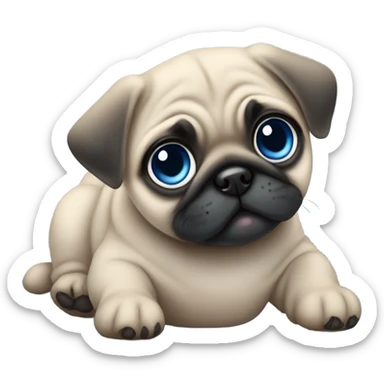 Baby pug with big blue eyes chewing a blue teddy bear  sticker