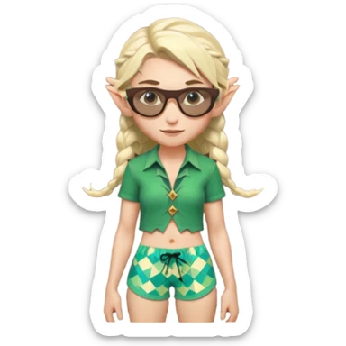 elf female legolas portrait, patterned board shorts (geometric/abstract), unique wooden-framed sunglasses, undercut hairstyle, slight smirk, visible pointy ears, no background, centered emoji, hipster summer vibe coctails sticker