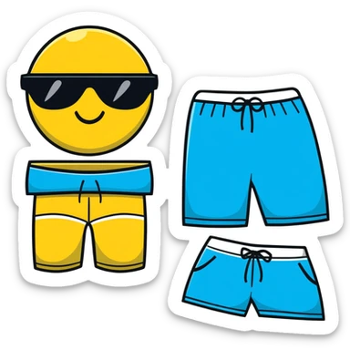 swimming board shorts and separate sunglasses on beach towel in same composition sticker