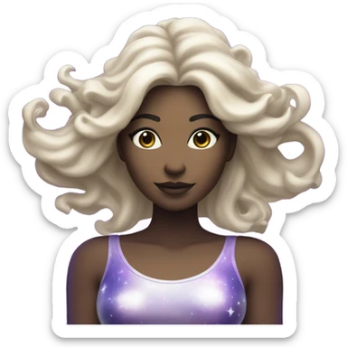 white woman with mystical sparkling galaxy hair with moon and stars in purple and blue shades sticker