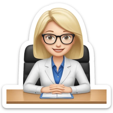 one white woman employee sitting in front of the desk sticker