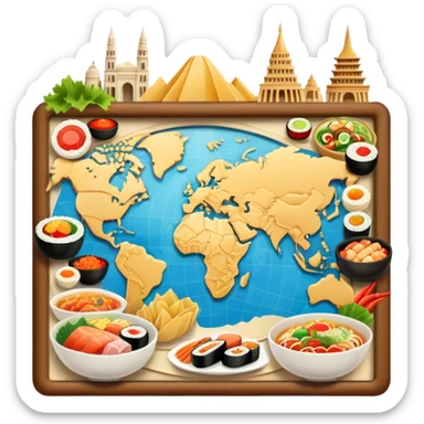 Icon for Culinary Tourism: a map with various national dishes from around the world, like sushi, pasta, and tacos, surrounded by iconic landmarks. The icon should represent the joy of exploring different cuisines during travel. Transparent background. sticker