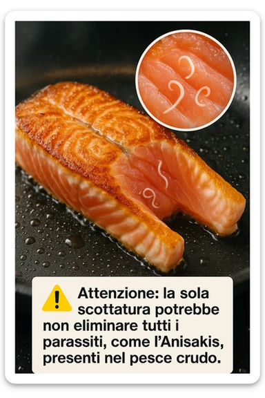 a close-up of a salmon fillet being lightly seared in a hot pan, with the outer layer cooked but the inside still raw. An inset magnifies the interior, showing visible Anisakis parasites surviving in the uncooked portion. A warning icon and educational text explain that searing alone may not eliminate all parasites. in italiano sticker
