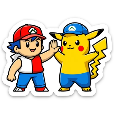 Hot handsomeb muscular 6ft tall smiling happy fun Ash Ketchum giving Pikachu a high five sticker
