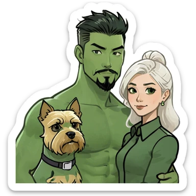 A blonde white women stands beside a handsome, muscular Korean man with black hair styled in a sharp point, a full goatee, and a blonde Yorkshire Terrier in his arms sticker