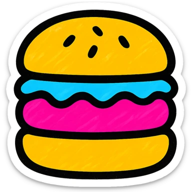 burger icon, flat color style, bold lines, minimal shading, easy to recognize, suitable for digital interfaces sticker