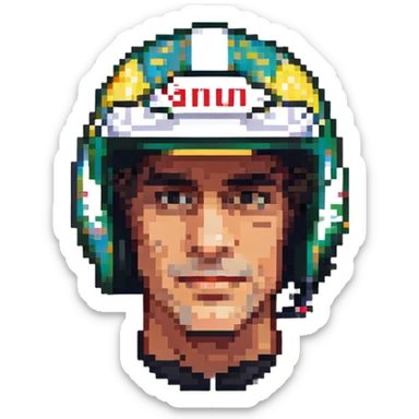 Ayrton Senna, pixel art, Formula One legend, helmet on, classic 16-bit video game portrait, detailed pixels sticker