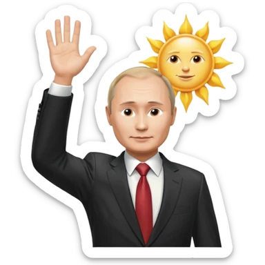 Putin stands with his right hand raised towards the sun sticker