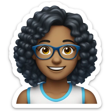 smiling girl with glasses indoors, she has long black curly hair with blue dyed ends sticker