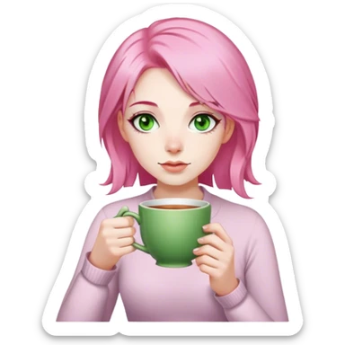 Pink haired woman with green eyes drinking a cuppa tea  sticker