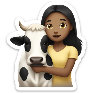 Cow hugging a girl with light skin and black hair sticker