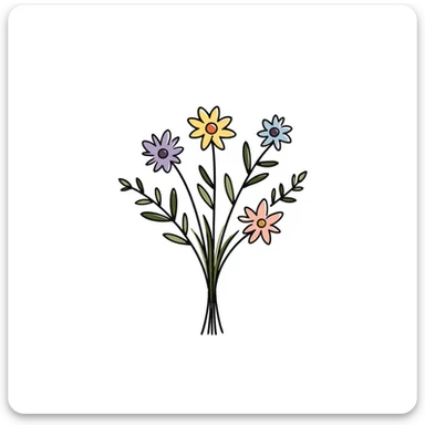 Simple bouquet of spring flowers with different blooms including small daffodils and daisies. Hand-drawn doodle style using pastel colors (pink, light blue, lavender, peach). Cheerful floral arrangement with leaves and stems. Delicate spring bloom design. sticker