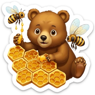 bear eating honeycomb with bees flying around sticker
