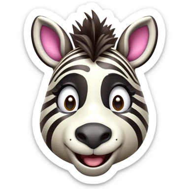 Cinematic Comical Zebra Portrait Emoji, Head tilted dramatically with an exaggeratedly amused expression, featuring a striking, glossy striped Fur with bold contrasts and wide, expressive eyes filled with playful disbelief, Simplified yet hilariously expressive features, highly detailed, glowing with a slightly sassy glow, high shine, dramatic yet playful, stylized with an air of cheeky savannah mischief, bright and endearing, soft glowing outline, capturing the essence of a spirited and over-the-top zebra, so meme-worthy it feels like it could prance its way into internet fame instantly! sticker
