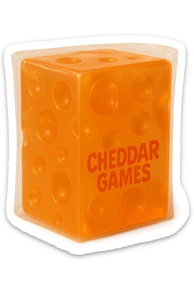 A hyper-realistic, highly detailed block of cheddar cheese with Swiss cheese holes, made of clear orange transparent plastic with a soft, squishy, slightly cloudy texture, resembling a 90's retro toy or gummy. The block is sealed in plastic with 'Cheddar Games' written on it. The plastic has soft reflections, is not shiny. The image has no background (transparent). The cheese looks appealing, retro, and extremely high quality, with every detail spared. sticker
